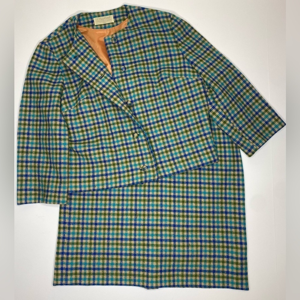 60’s Pendleton Wool Plaid 2Pc Coat Skirt Set Green, Blue, Beige Sz14 EUC - Picture 2 of 10